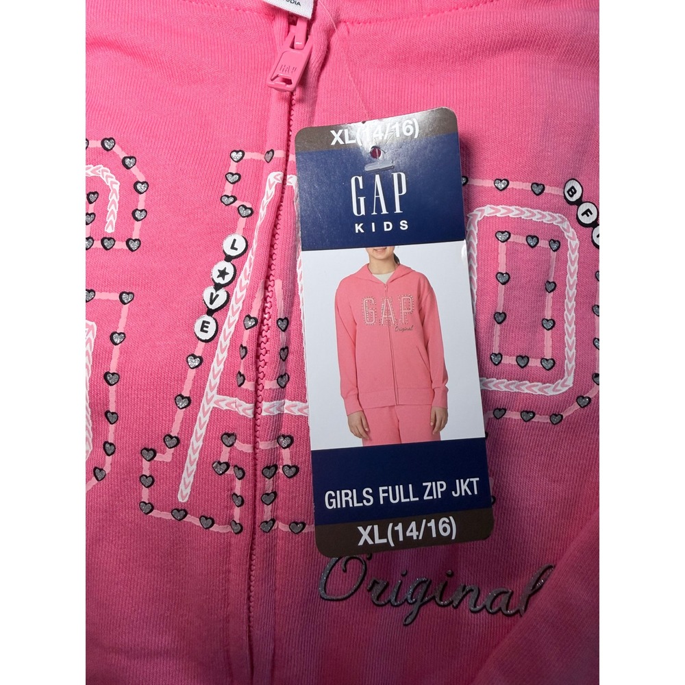 Gap Kids Girls Pink Full Zip Hoodie Glitter Heart Logo Sweatshirt XL 14/16 NWT